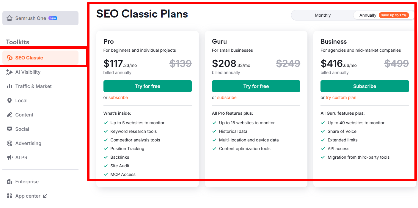 Semrush SEO Classic pricing plans 1